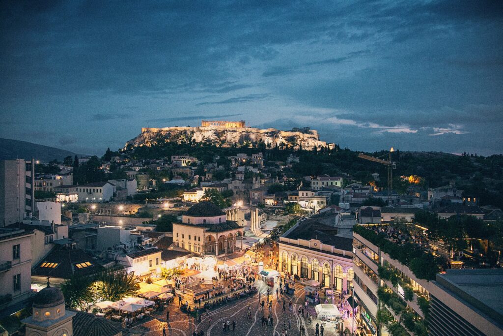 Athens by night with view of the Acropolis